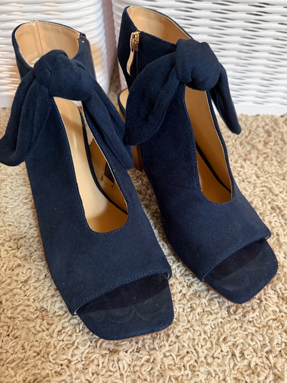 Navy Suede Peep-Toe Ankle Tie Heels